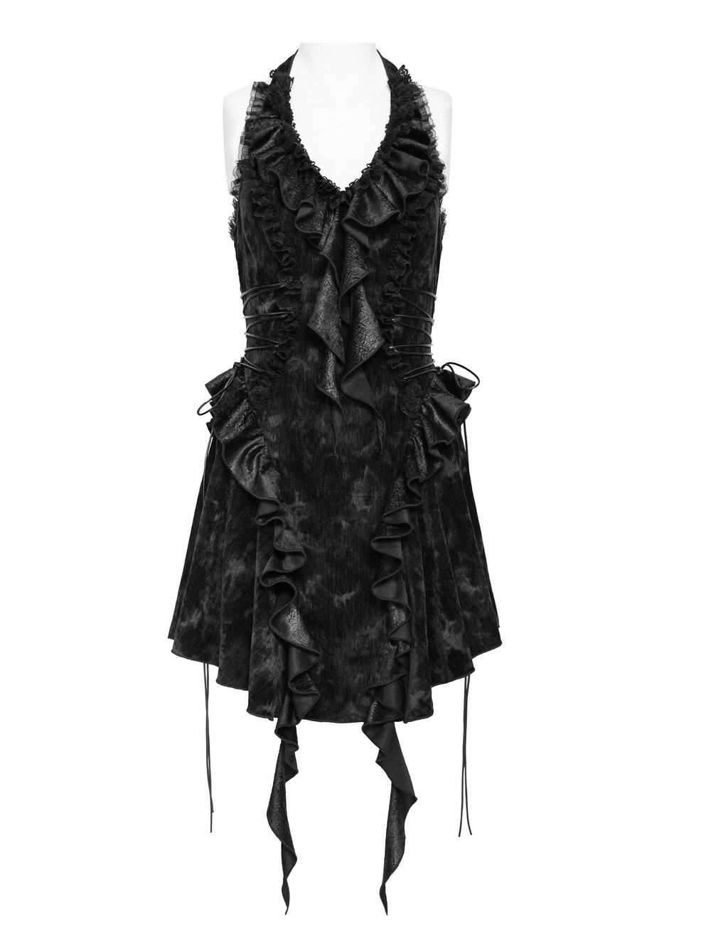 Alternative Halter Mini Dress with Cascading Ruffles, black gothic lace-up dress with asymmetric draped hem