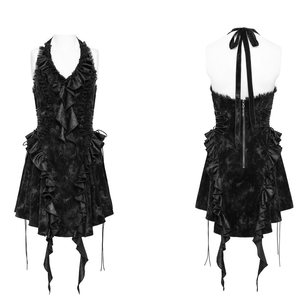 Alternative Halter Mini Dress with Cascading Ruffles black gothic lace-up dress with asymmetric draped hem and ruffled neckline