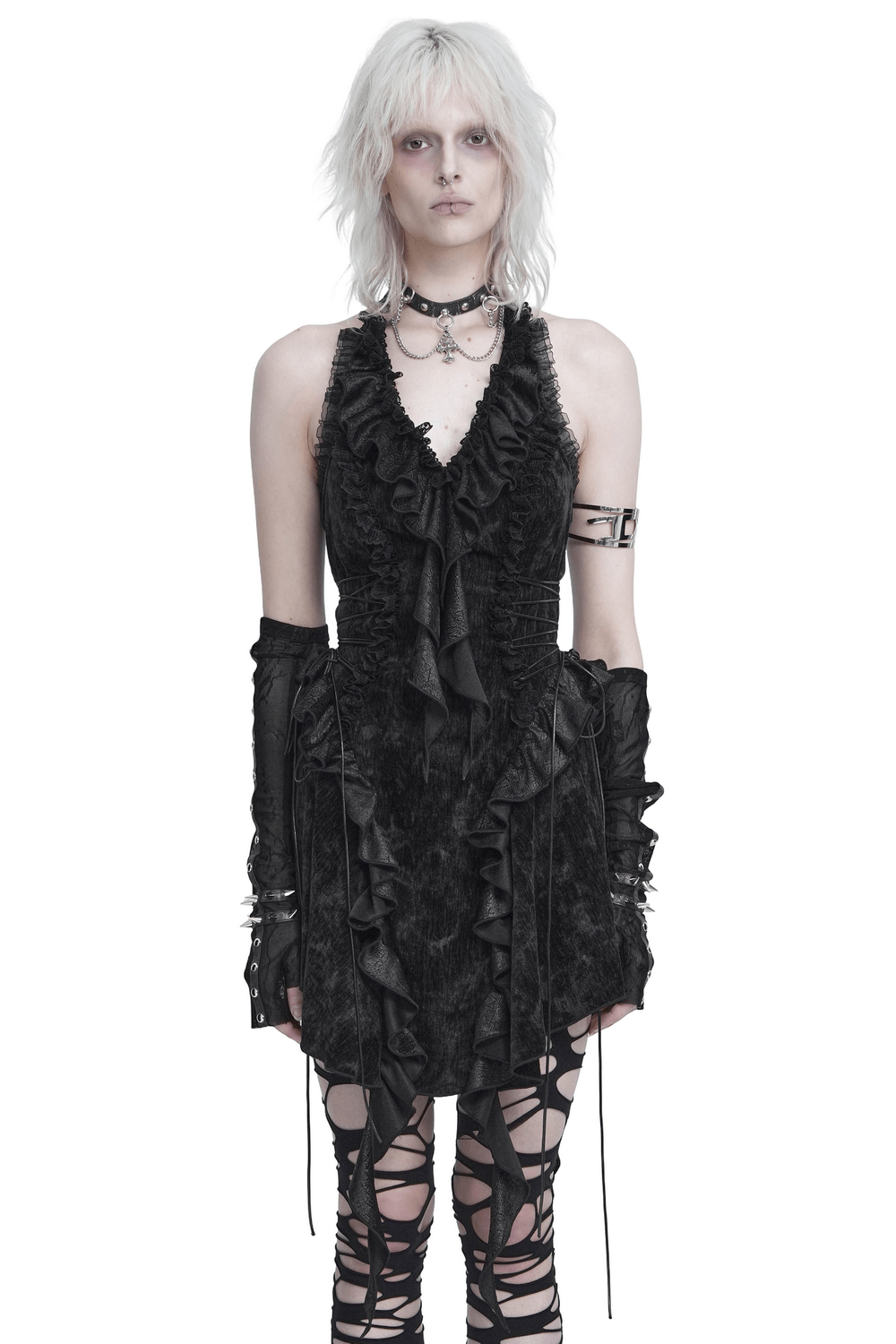 Alternative Halter Mini Dress with Cascading Ruffles black Gothic look with lace-up waist, asymmetric hem, and dramatic ruffles