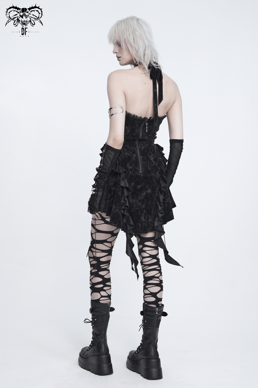 Alternative Halter Mini Dress with Cascading Ruffles black gothic lace-up mini dress with ruffled hem and platform boots