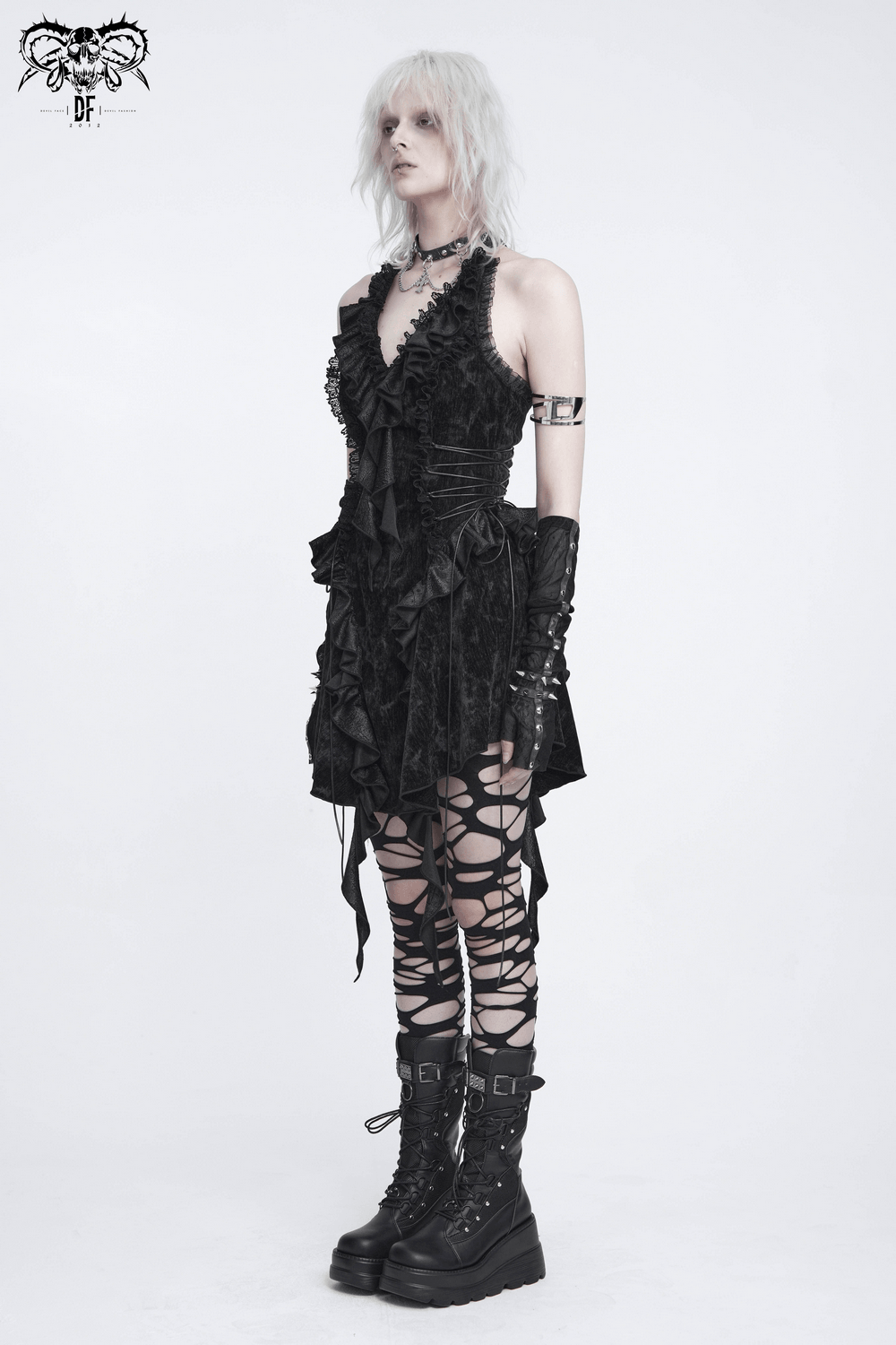 Alternative Halter Mini Dress with Cascading Ruffles black gothic lace-up dress with asymmetrical ruffles and side lacing