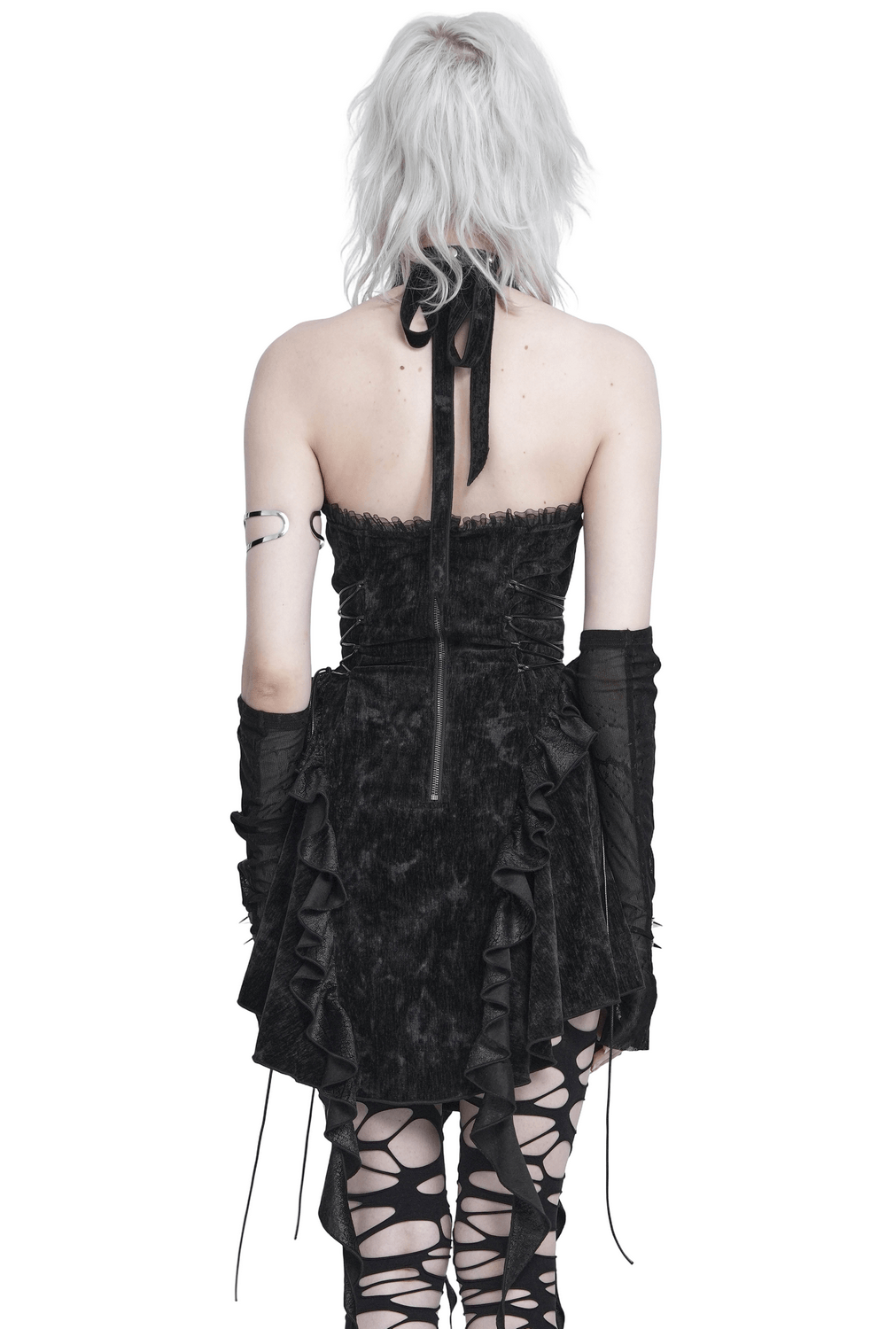 Alternative Halter Mini Dress with Cascading Ruffles black gothic lace-up dress with asymmetric hem and ruffle details