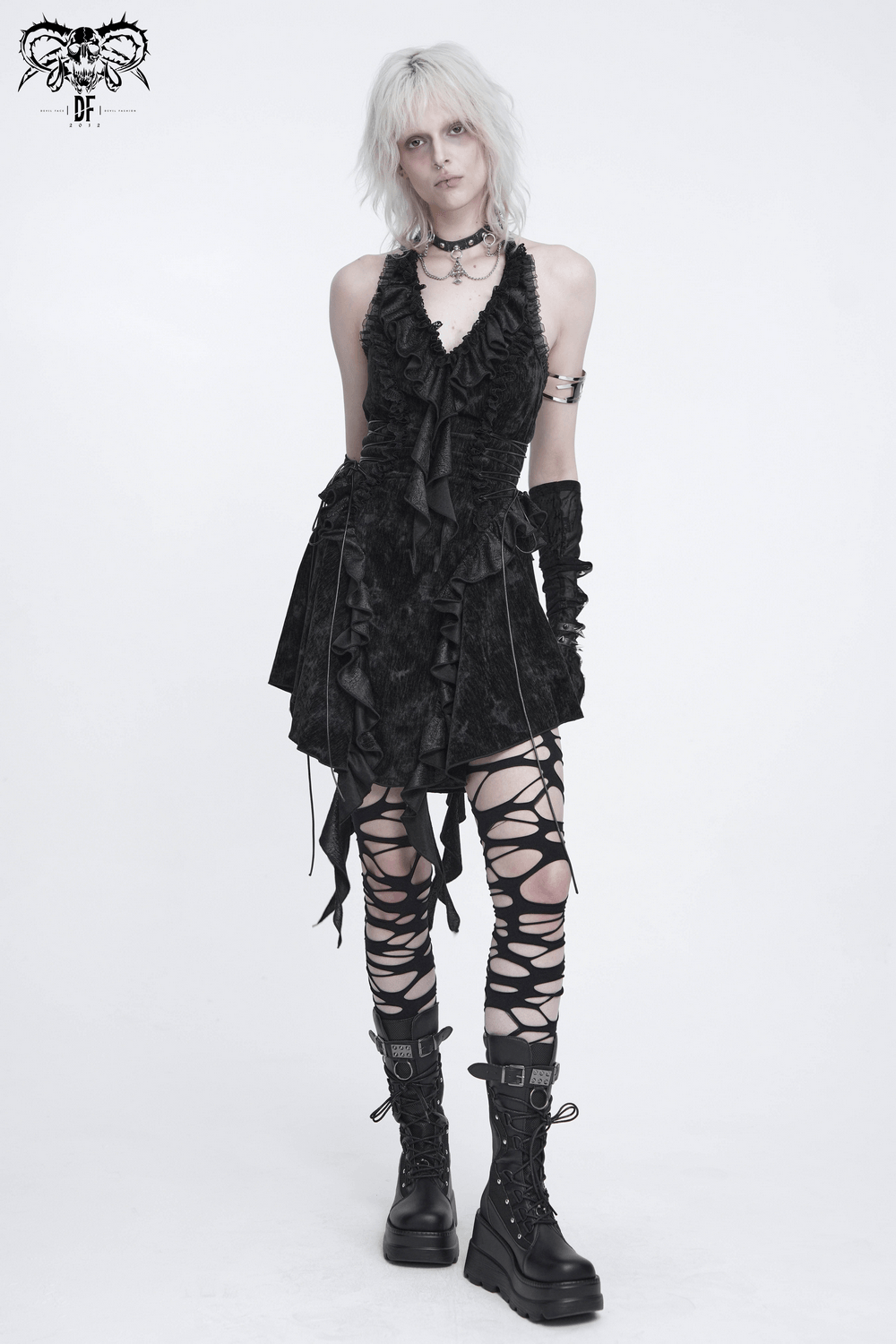 Alternative Halter Mini Dress with Cascading Ruffles, black gothic lace-up mini dress with ruffles and platform boots