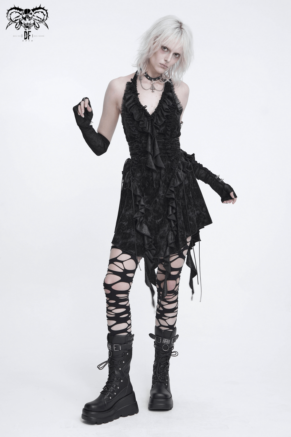 Alternative Halter Mini Dress with Cascading Ruffles black gothic mini dress with lace-up detail, ruffled neckline, and asymmetric hem