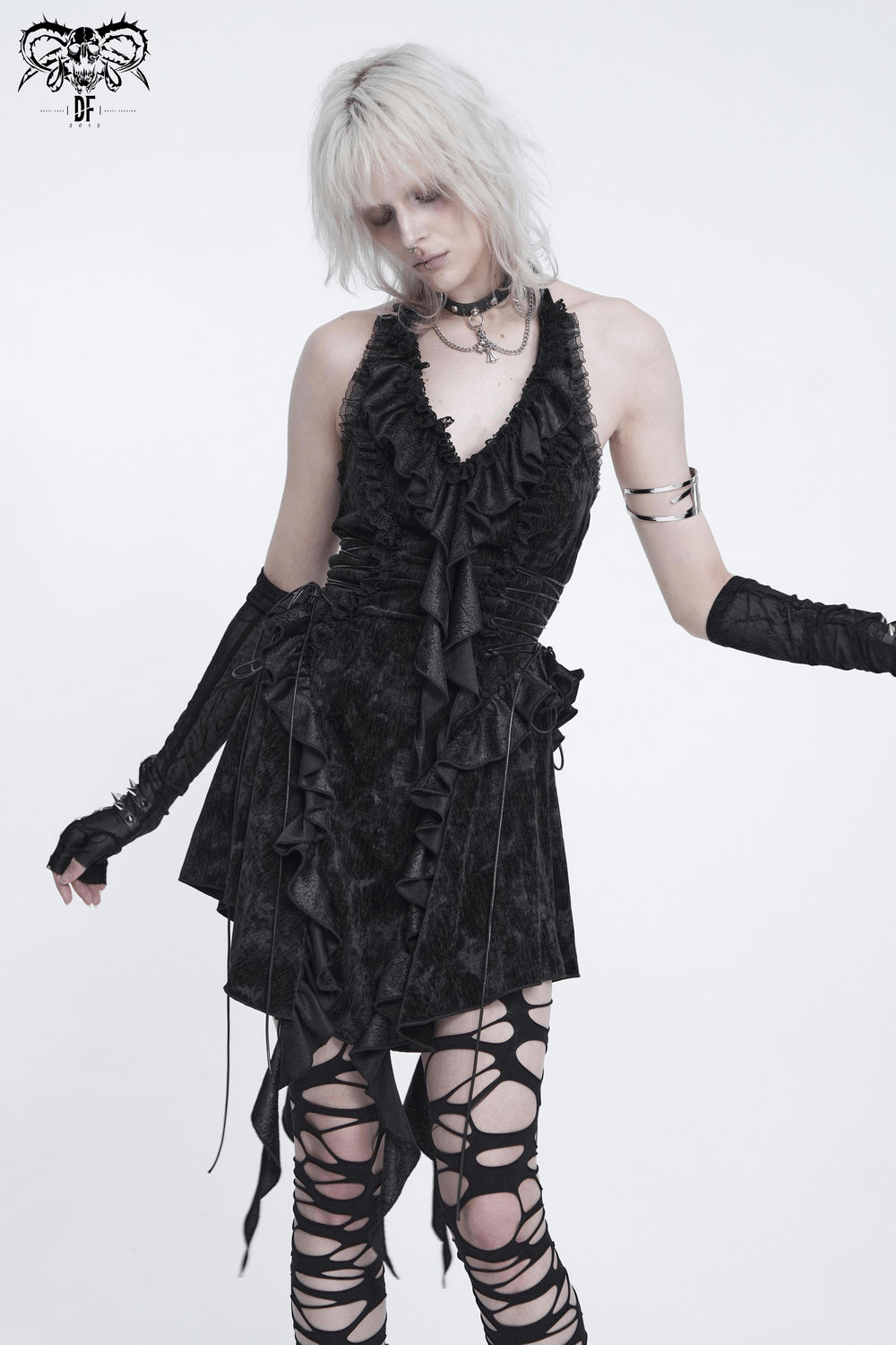 Alternative Halter Mini Dress with Cascading Ruffles black Gothic dress with side lacing, ruffled neckline and asymmetric hem