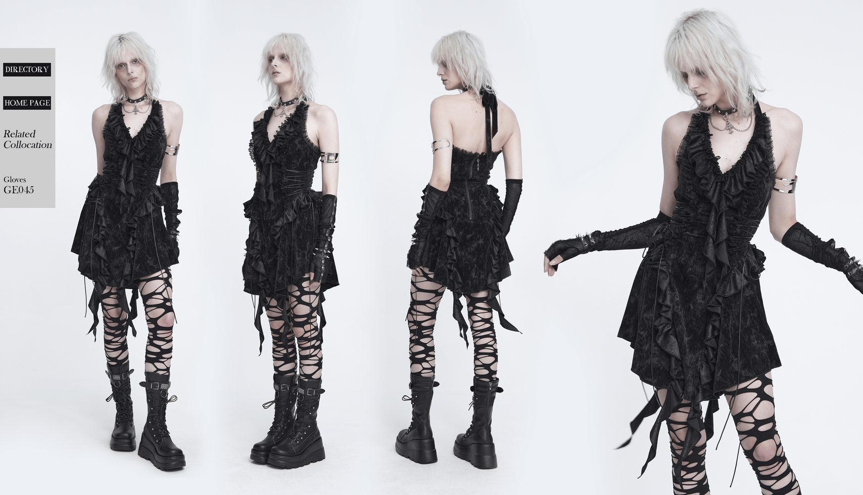 Alternative Halter Mini Dress with Cascading Ruffles black gothic dress with ruffles, side lacing, and asymmetric hem