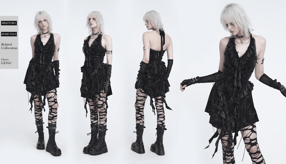 Alternative Halter Mini Dress with Cascading Ruffles black gothic dress with ruffles, side lacing, and asymmetric hem