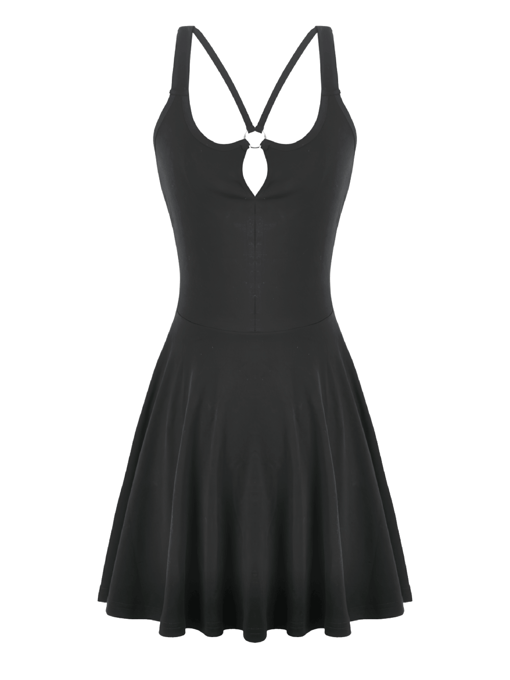 Alternative Halter Mini Dress with Cross Strap Neckline - Black Gothic Skater Dress with Keyhole Back Detail