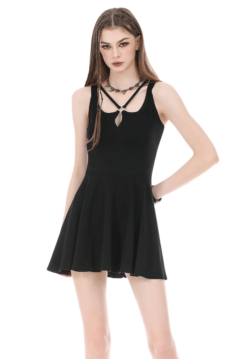 Alternative Halter Mini Dress with Cross Strap Neckline modeled by a stylish model in black gothic A-line skater dress.