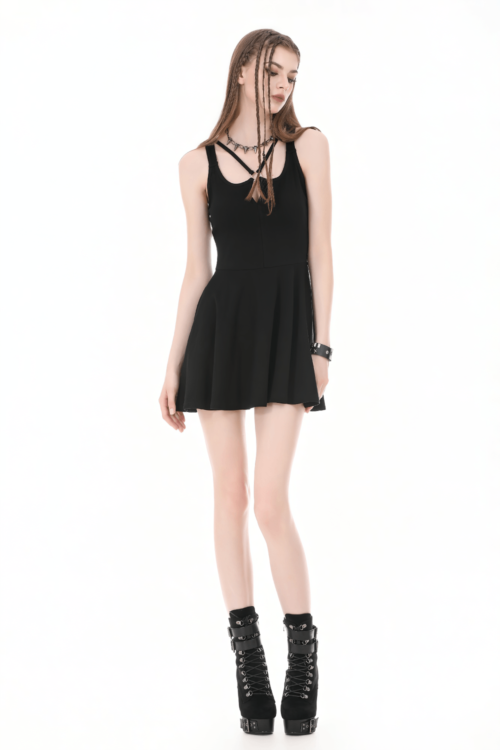 Alternative Halter Mini Dress with Cross Strap Neckline in black, featuring a flared A-line skirt and edgy accessories.