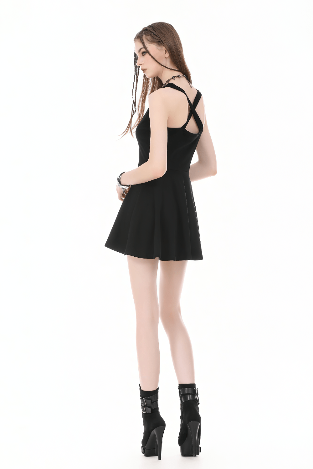 Alternative Halter Mini Dress with Cross Strap Neckline shown from the back with A-line skirt and cross straps.