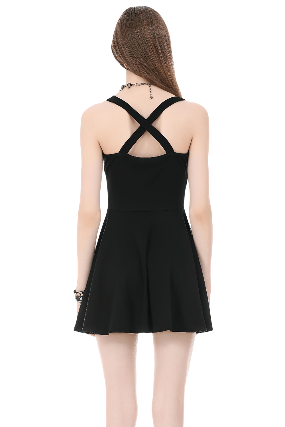 Alternative Halter Mini Dress with Cross Strap Neckline showcasing the keyhole ring back detail.