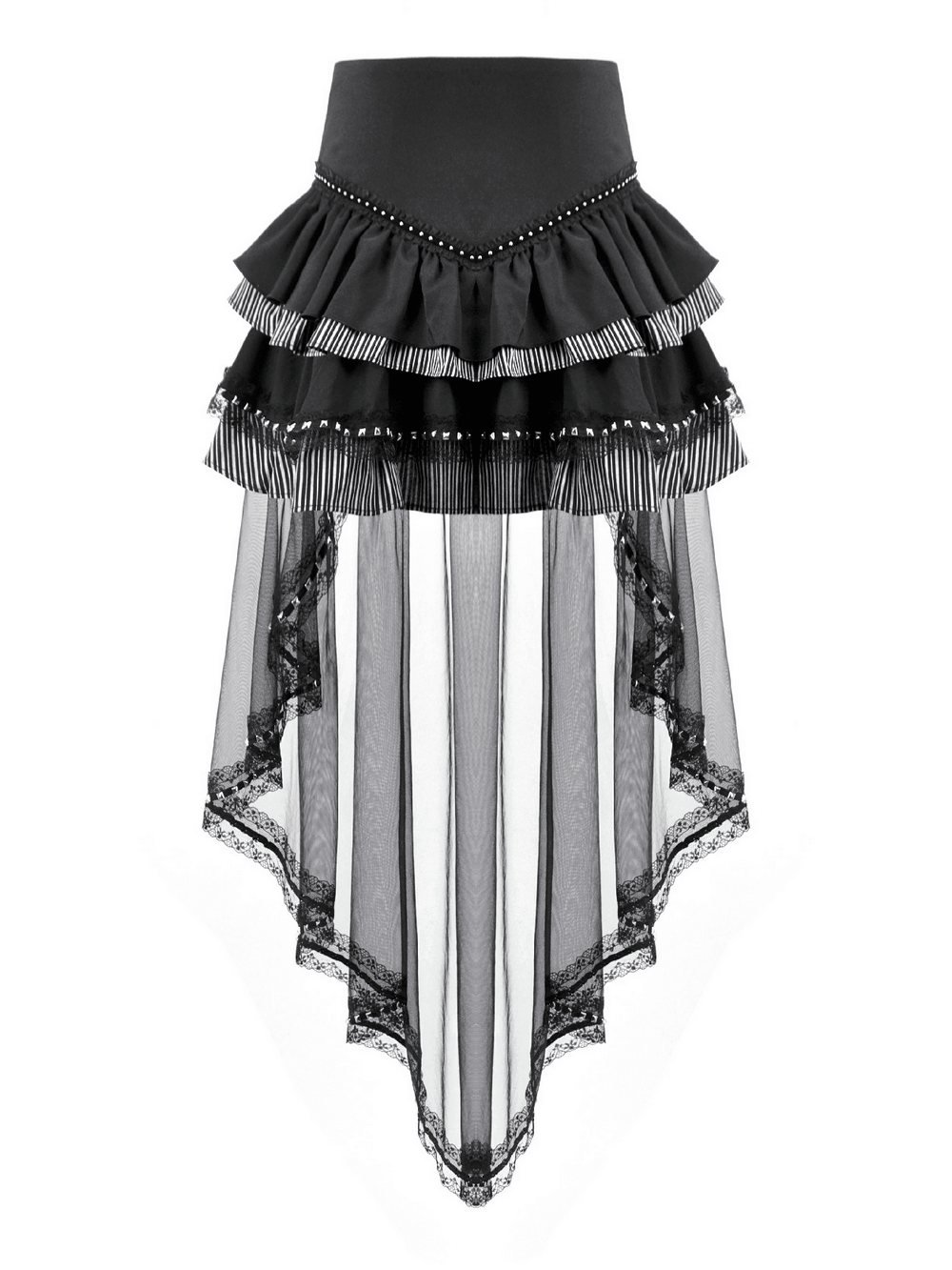 Alternative High Low Ruffle Skirt with Sheer Lace Train showcasing layered ruffles and a flowing lace-trimmed train.
