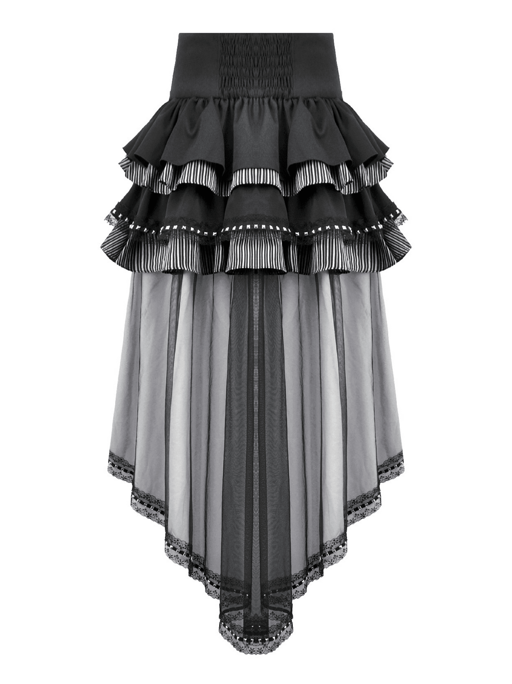 Alternative High Low Ruffle Skirt with Sheer Lace Train showcasing gothic layered ruffles and lace trim.