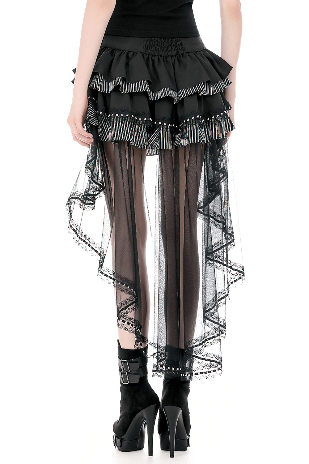 Alternative High Low Ruffle Skirt with Sheer Lace Train featuring cascading ruffles and a dramatic mesh overlay.
