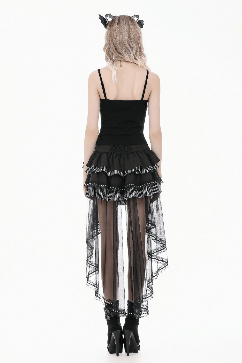 Alternative High Low Ruffle Skirt with Sheer Lace Train showcased on a model, featuring mesh overlay and ruffles.