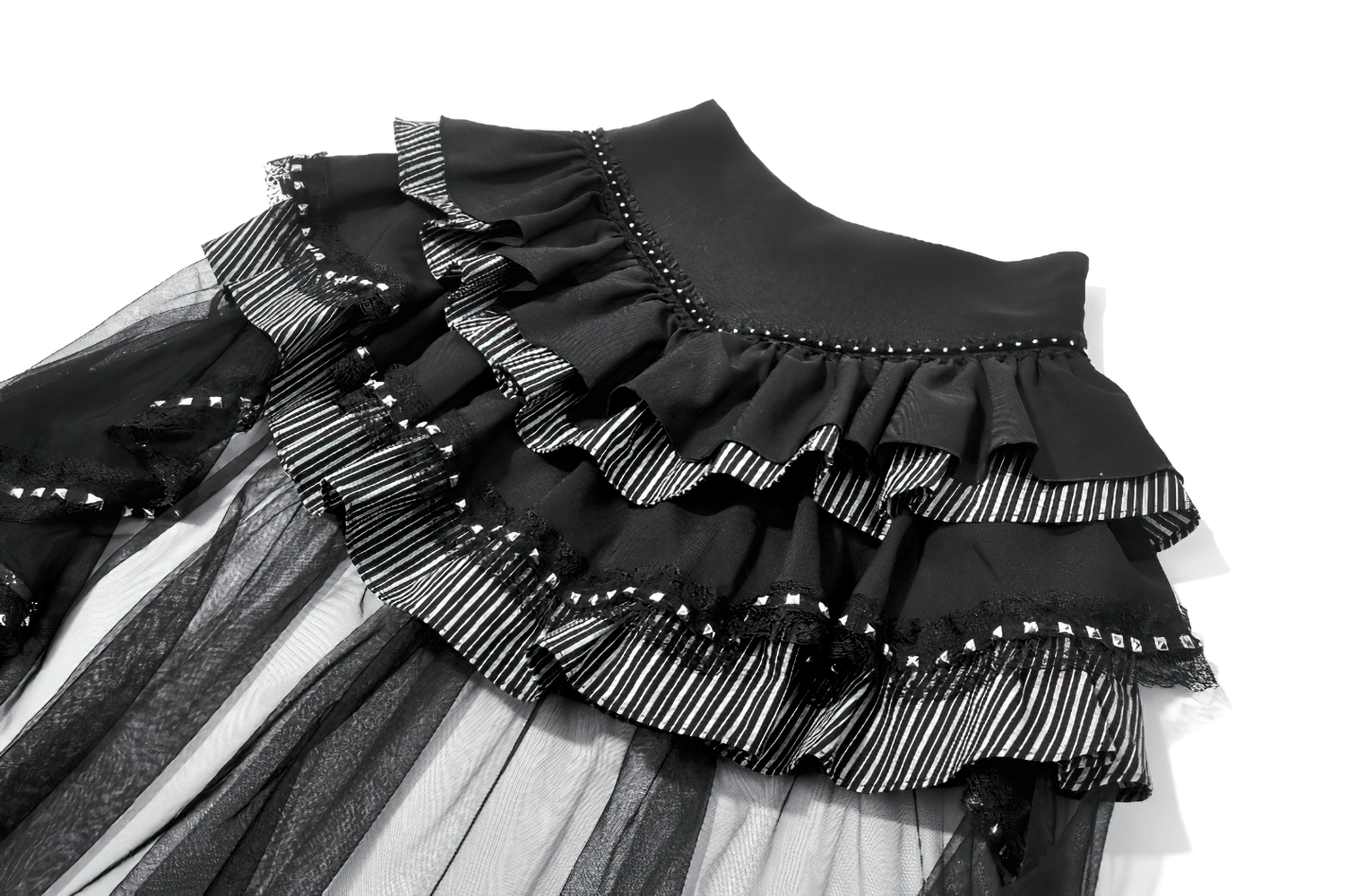 Alternative High Low Ruffle Skirt with Sheer Lace Train featuring layered ruffles and striped trim.