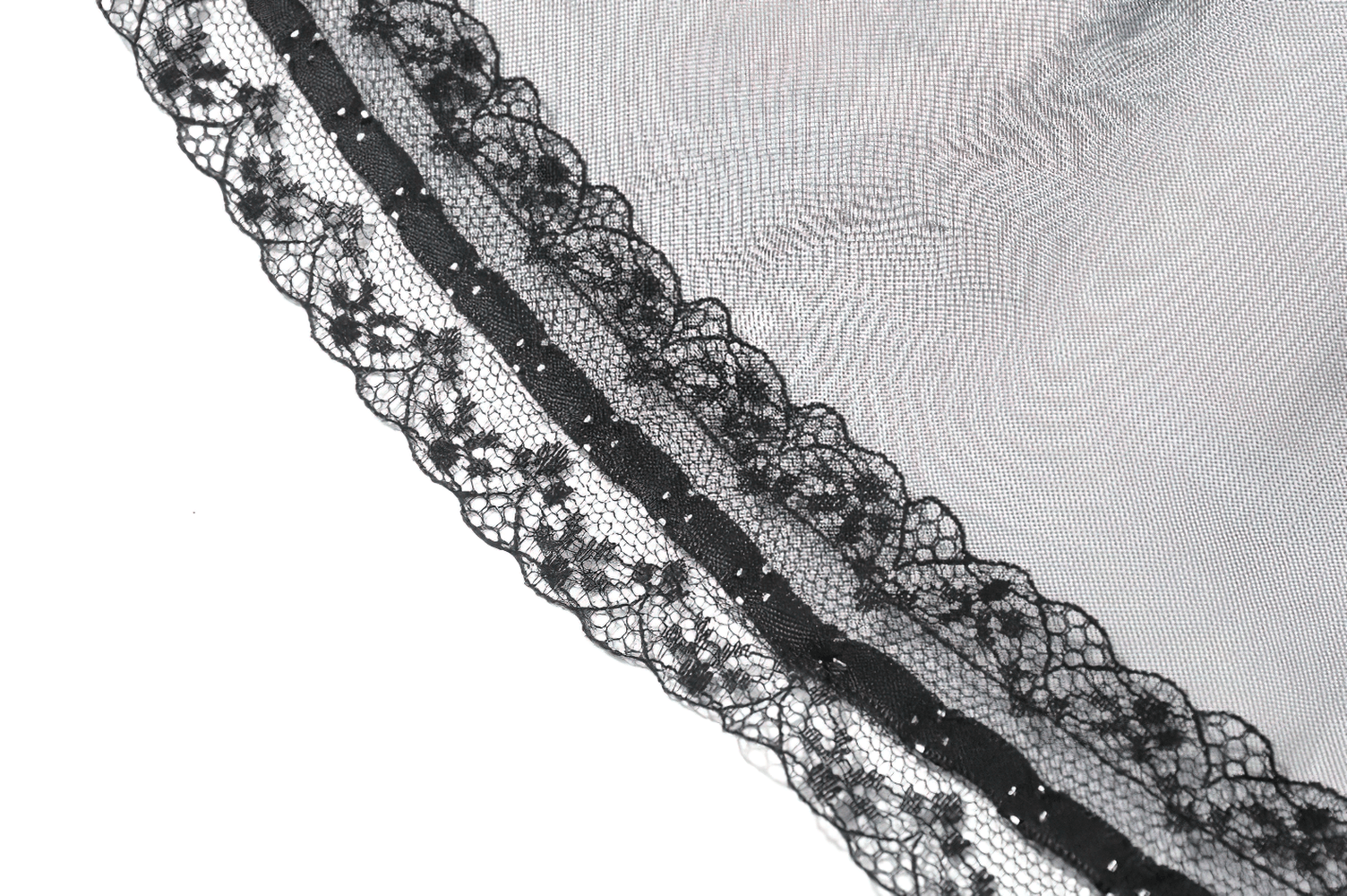 Detail of sheer lace trim from the Alternative High Low Ruffle Skirt with Sheer Lace Train, featuring floral lace edging.