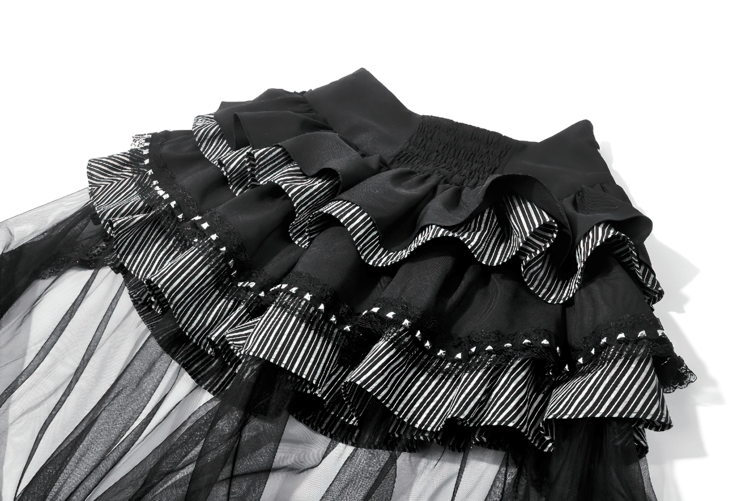 Alternative High Low Ruffle Skirt with Sheer Lace Train showcasing layered ruffles and striped trim detail.