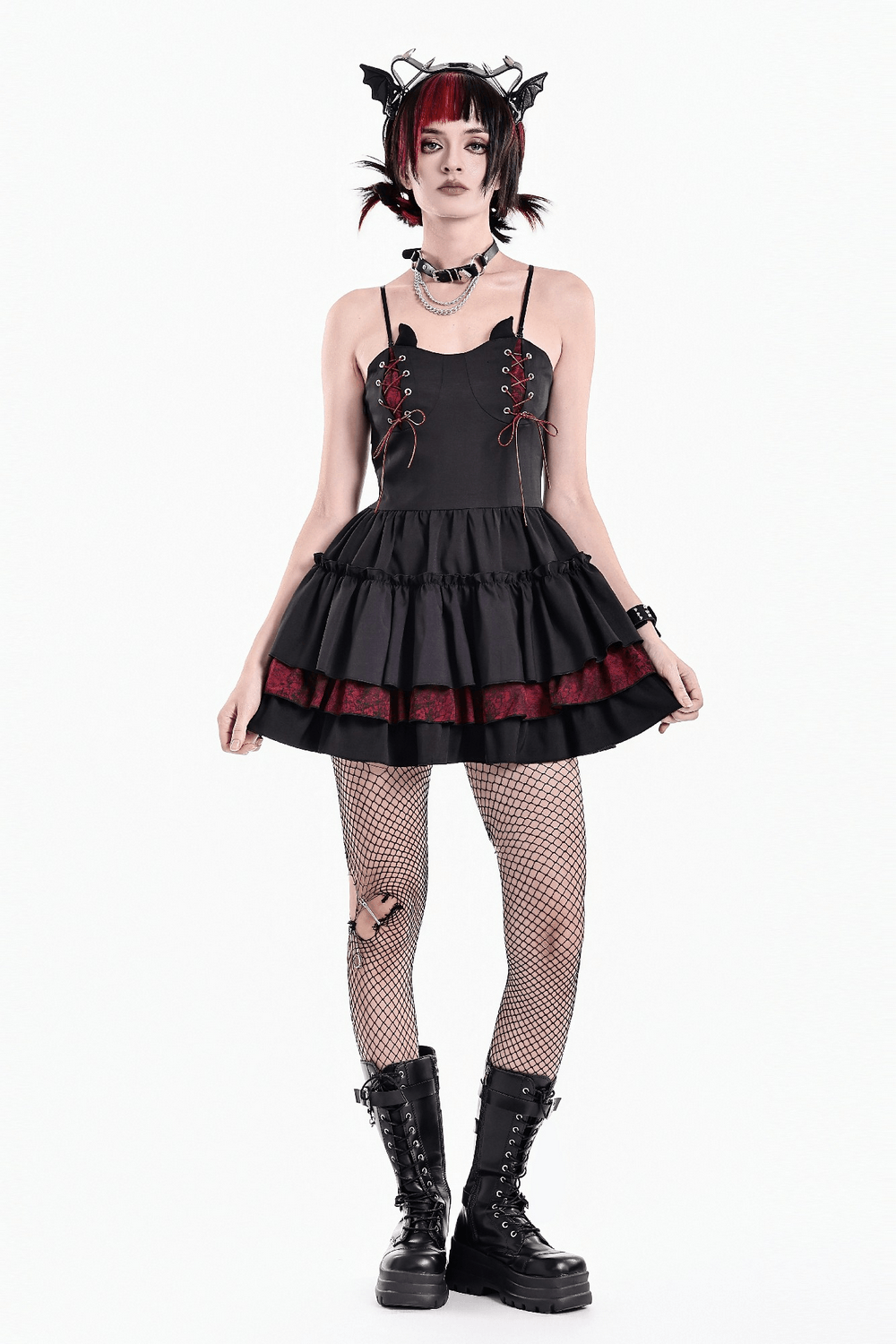 Alternative Lace-Up Ruffle Mini Dress with Bat Straps, black gothic mini dress with ruffle skirt and bat accents