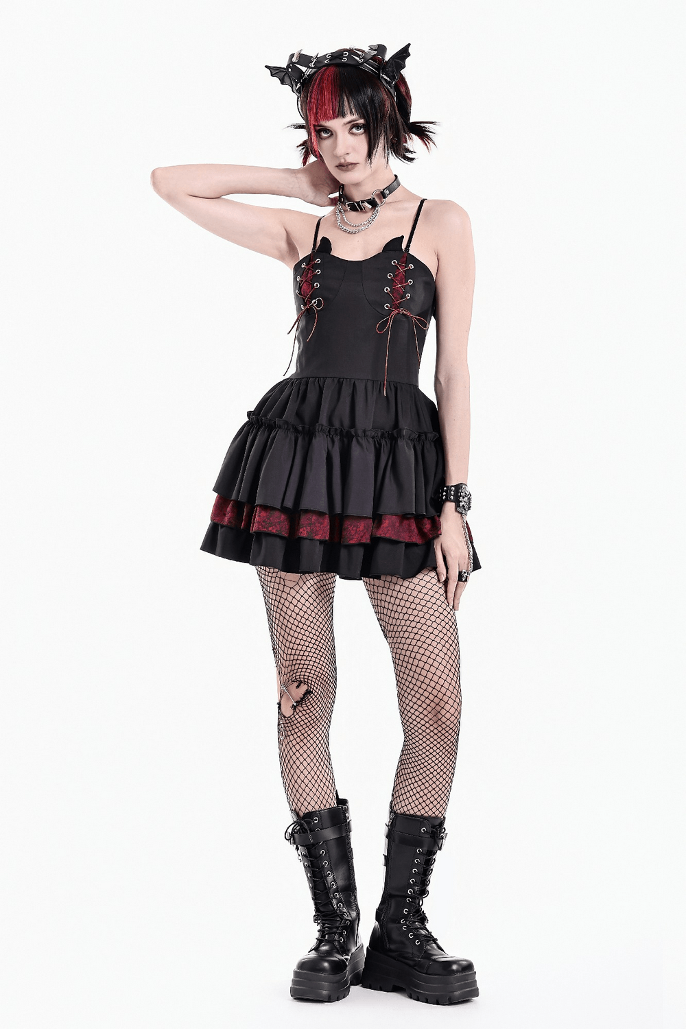 Alternative Lace-Up Ruffle Mini Dress with Bat Straps, black gothic mini dress with layered ruffles and red trim