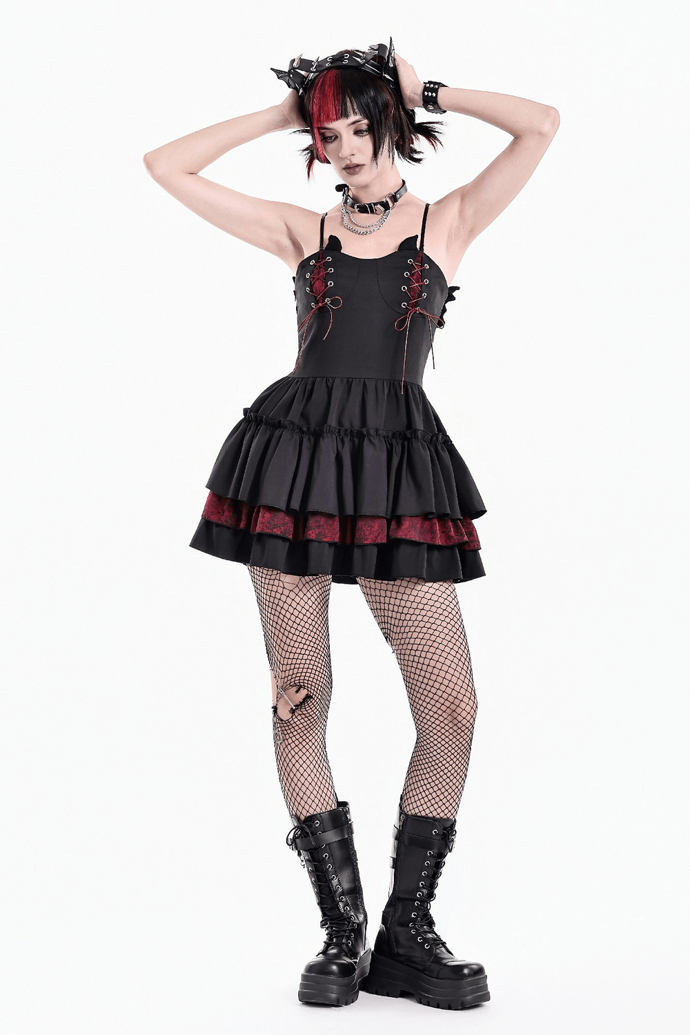 Alternative Lace-Up Ruffle Mini Dress with Bat Straps, black gothic mini dress with layered ruffles and red trim