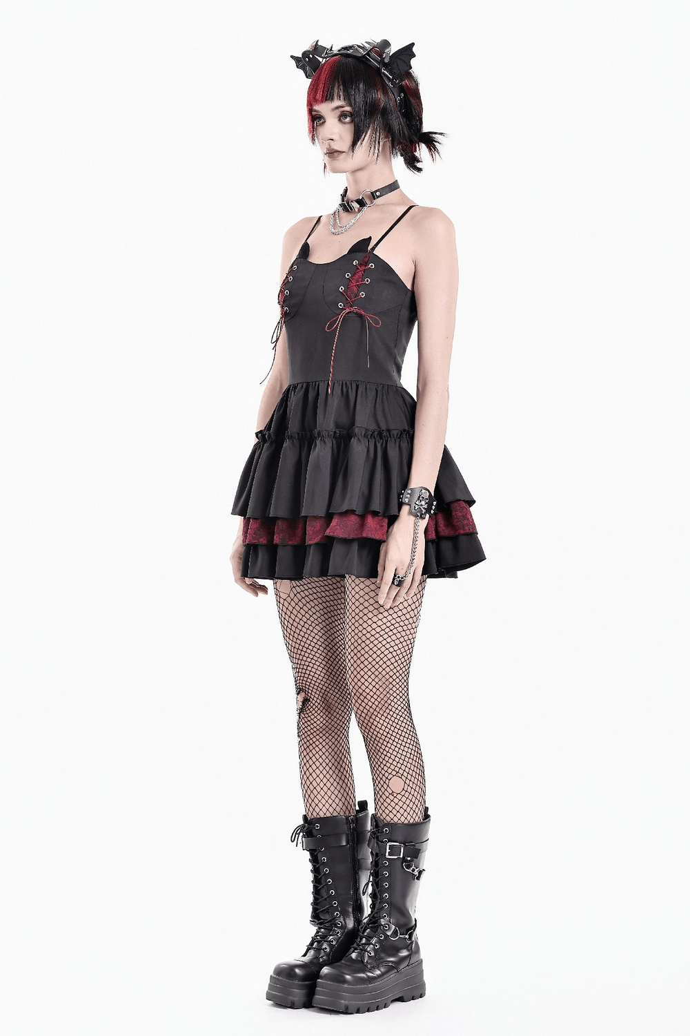 Alternative Lace-Up Ruffle Mini Dress with Bat Straps black gothic mini dress with layered ruffles and deep red trim