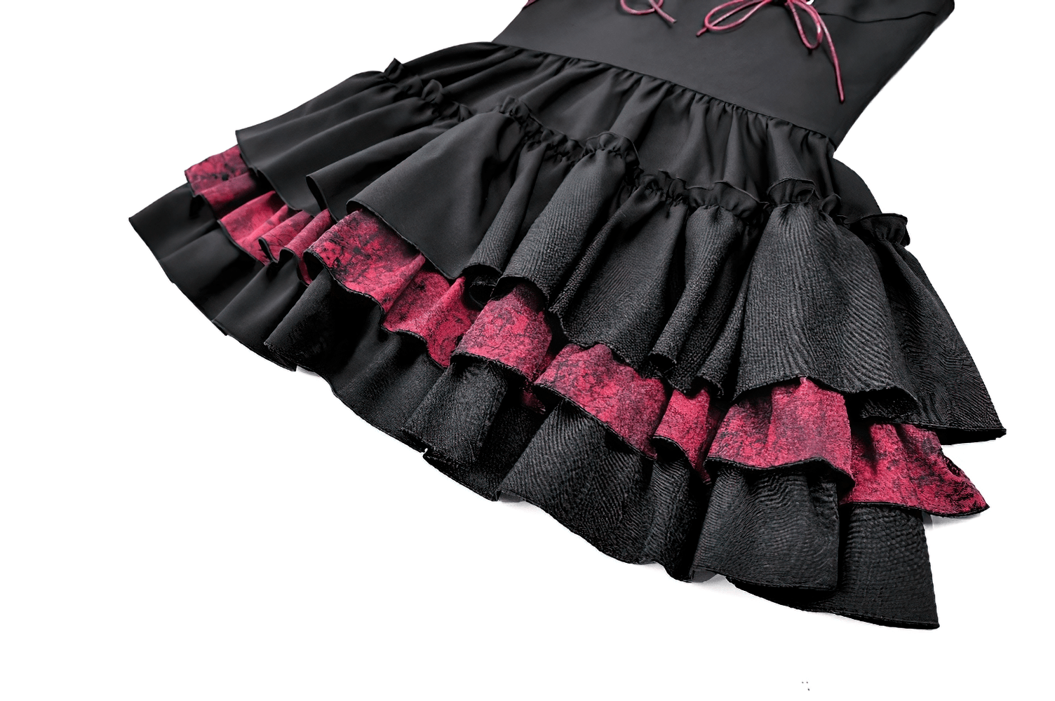Alternative Lace-Up Ruffle Mini Dress with Bat Straps black gothic mini dress with layered ruffle skirt and deep red trim