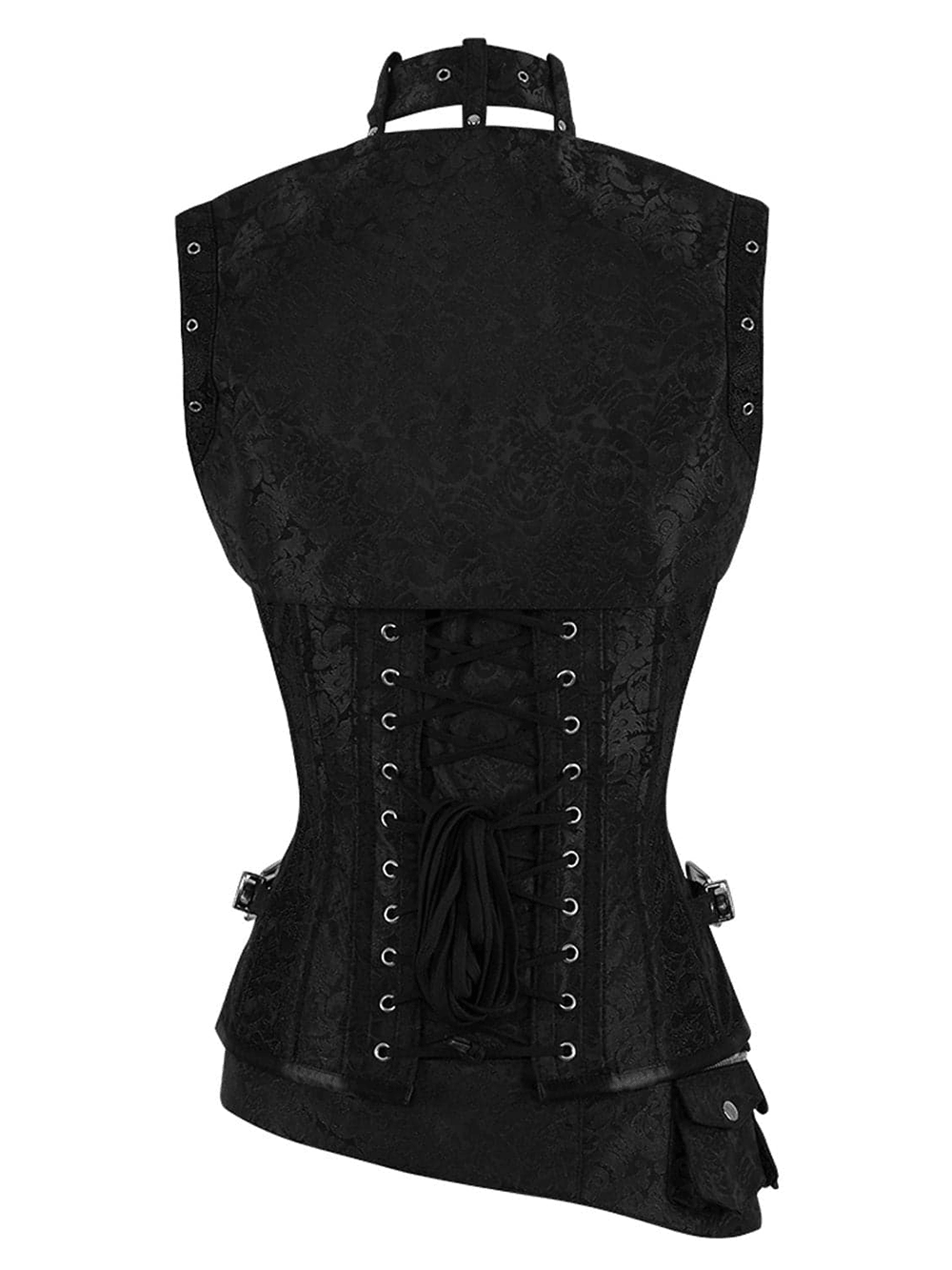 Alternative Overbust Corset with Dramatic Harness Detailing in midnight black with structured design and lace-up back.
