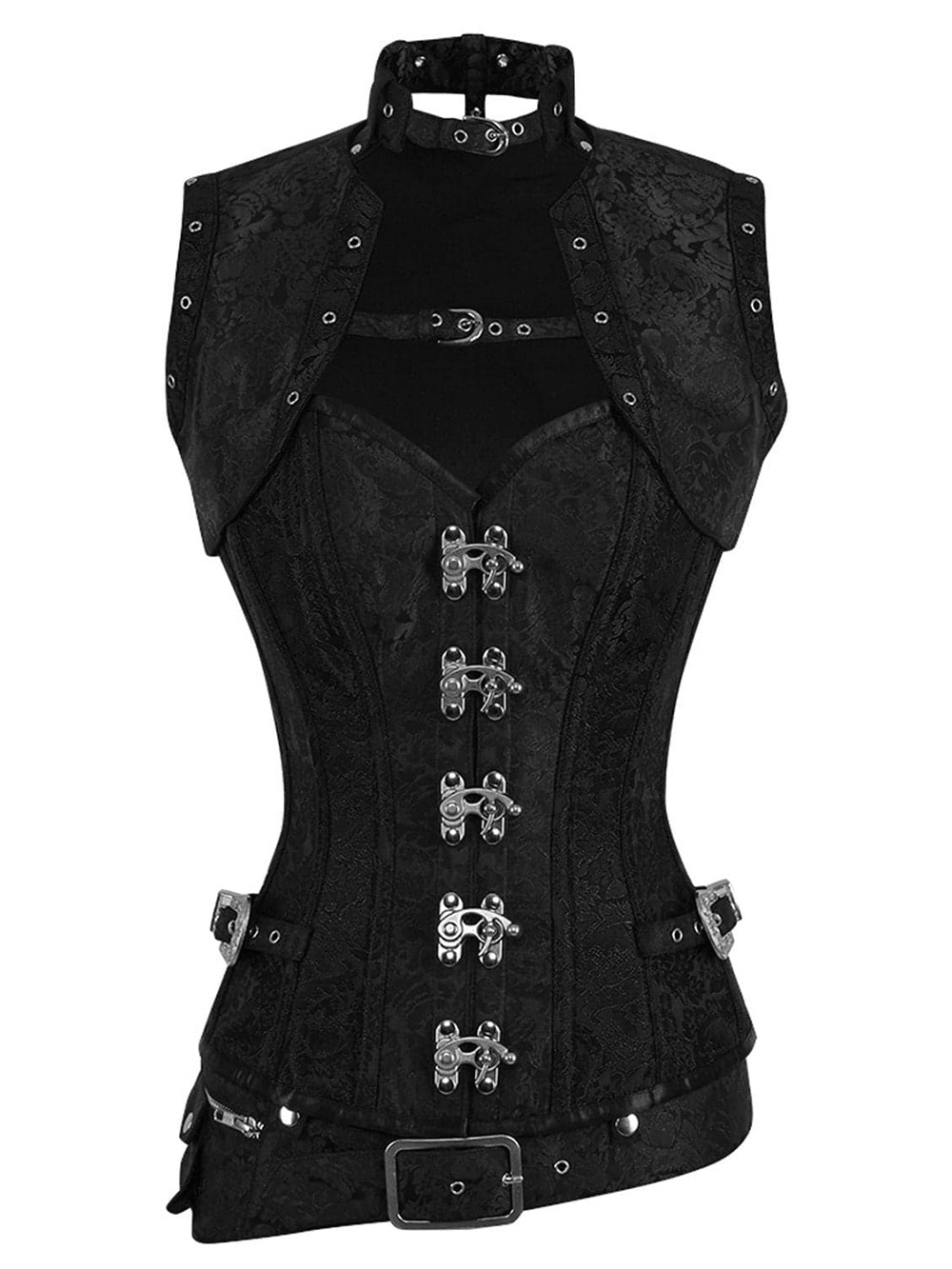 Alternative Overbust Corset with Dramatic Harness Detailing in midnight black with buckle harness and structured waist.