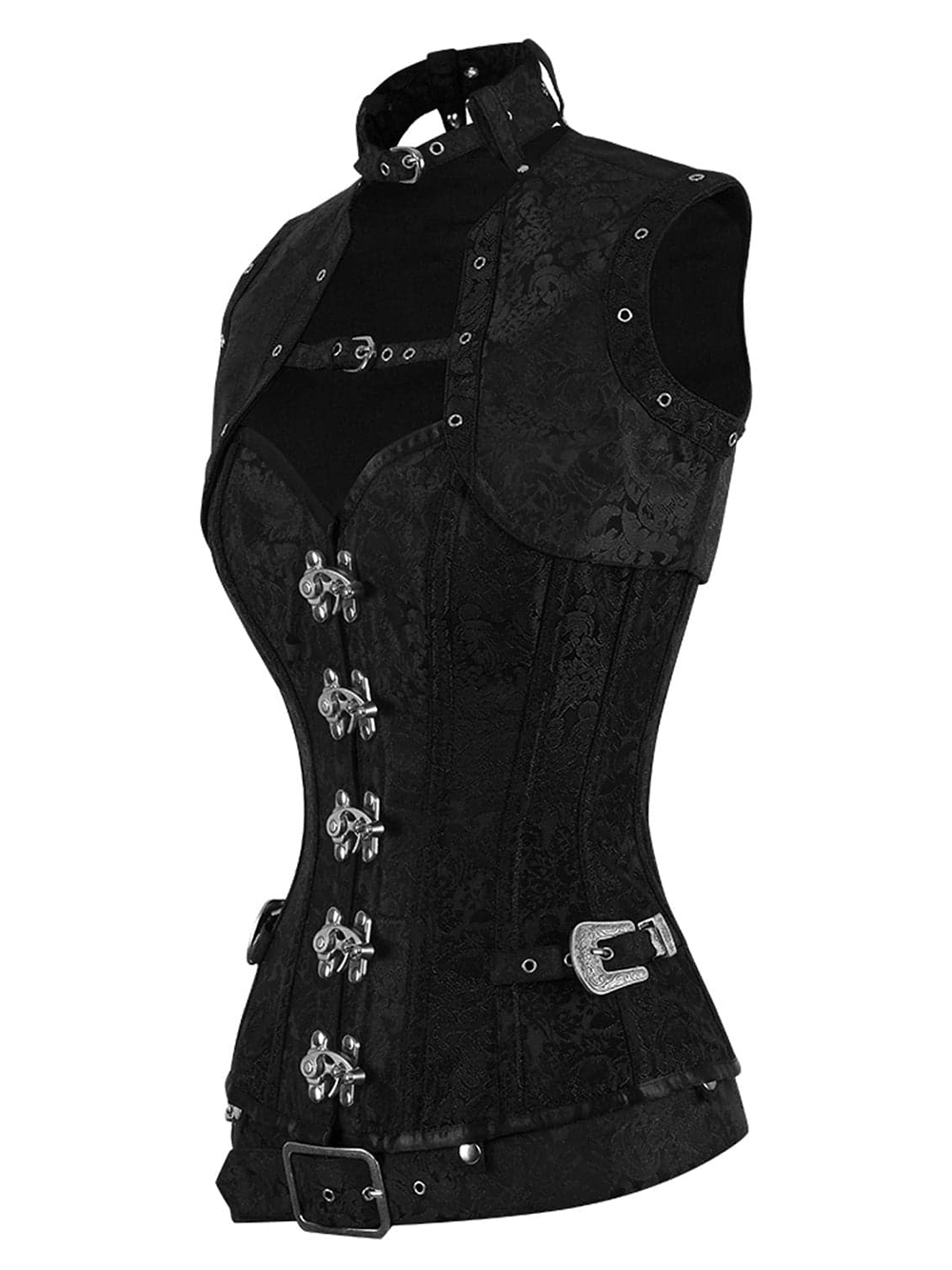 Alternative Overbust Corset with Dramatic Harness Detailing in midnight black with sculpted sweetheart bust and side buckles.