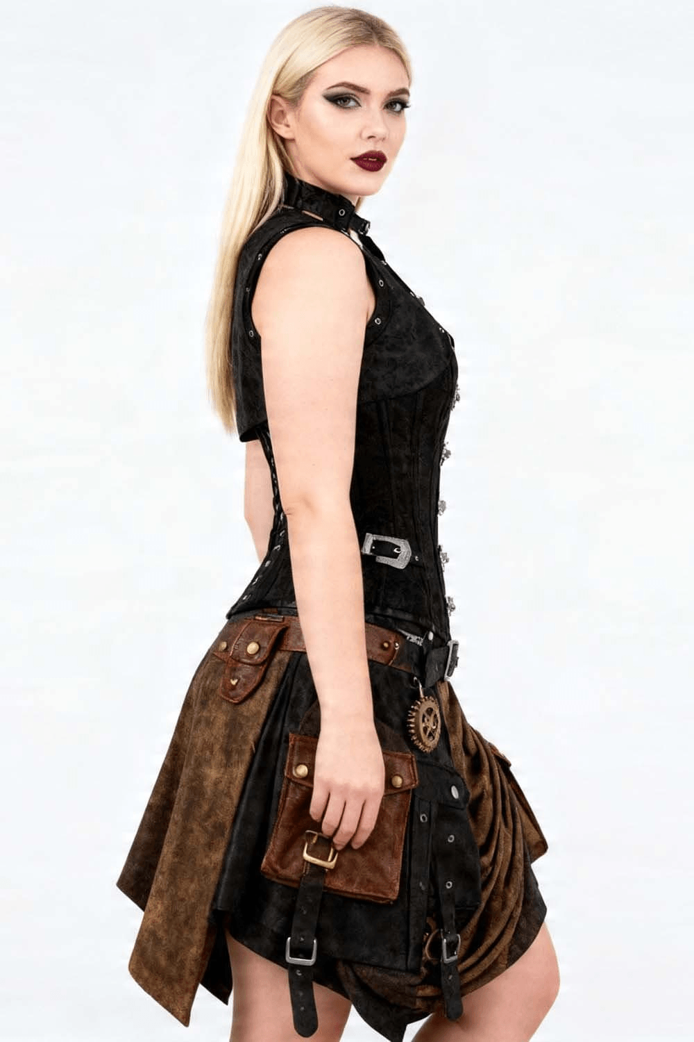 Alternative Overbust Corset with Dramatic Harness Detailing worn by a model showcasing gothic style.