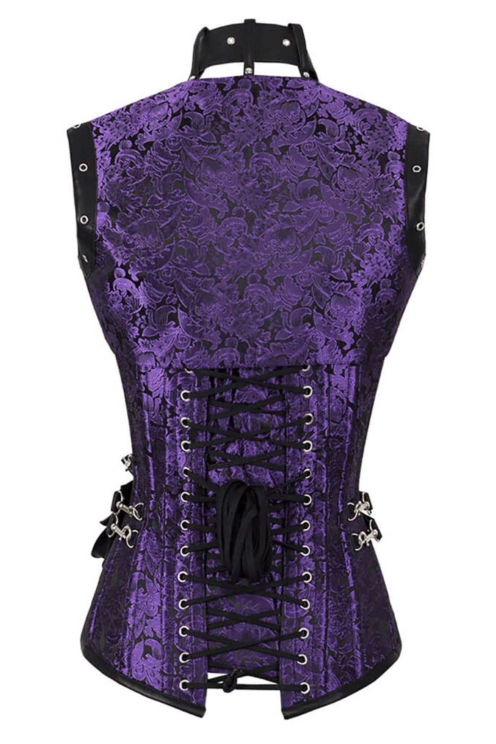 Alt Tag: Alternative Overbust Corset with Shrug and Utility Belt purple steampunk steel-boned corset back view with lace-up shaping and side buckles