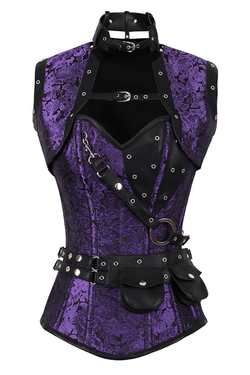 Alt Tag: Alternative Overbust Corset with Shrug and Utility Belt purple steampunk brocade corset with harness straps and utility pouches