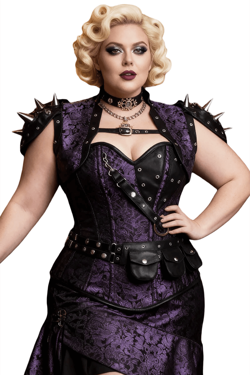 Alt Tag: Alternative Overbust Corset with Shrug and Utility Belt purple steampunk gothic corset set with utility pouches and spiked shoulders