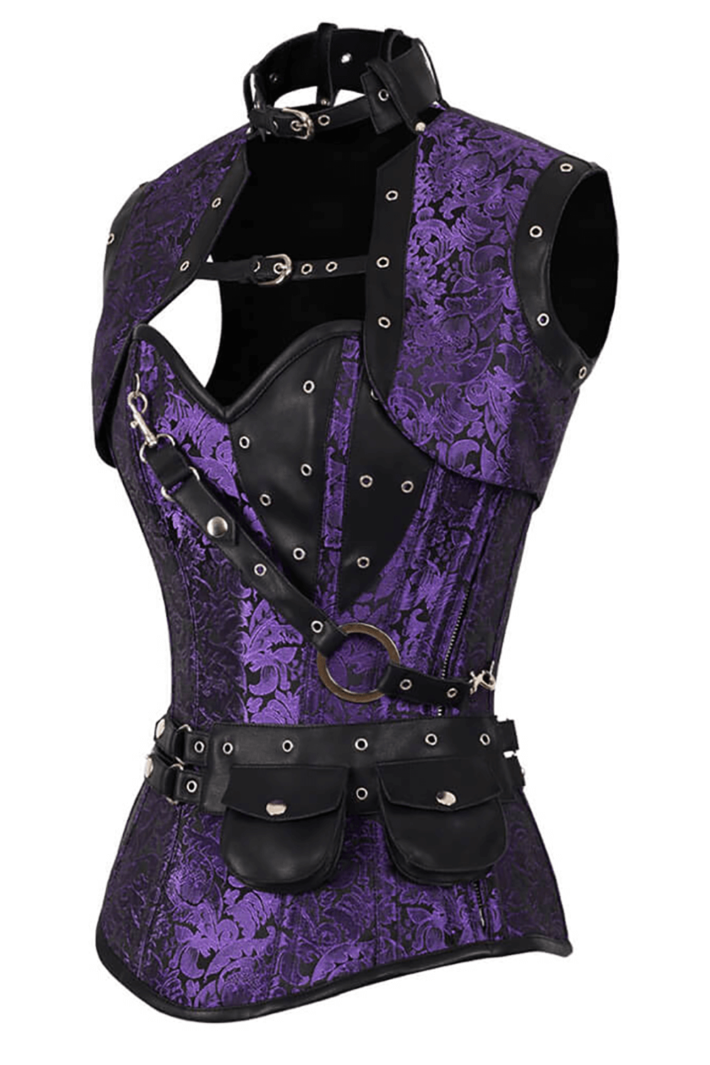 Alt Tag: Alternative Overbust Corset with Shrug and Utility Belt in purple steampunk brocade with harness straps and utility pouches
