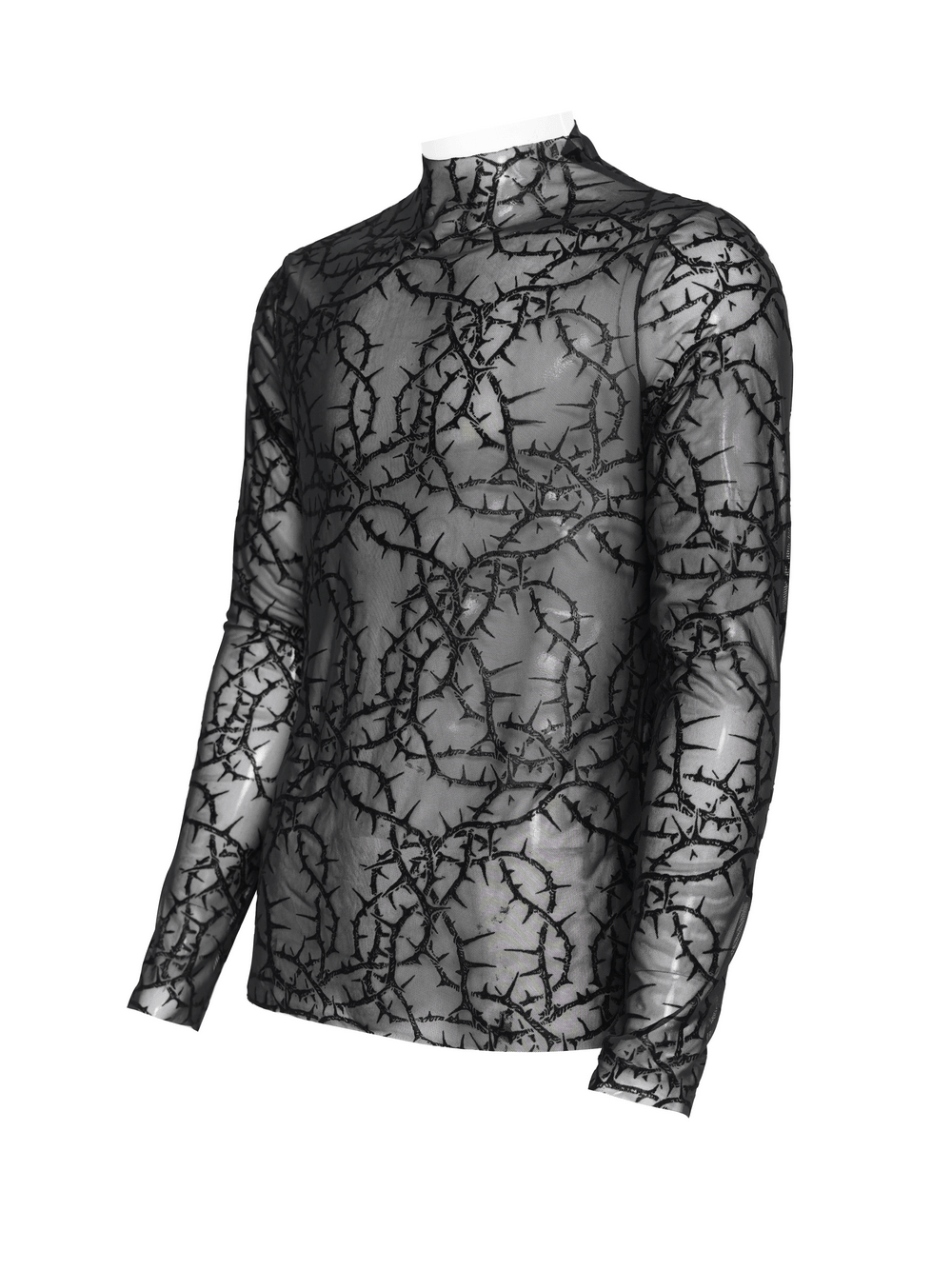 Alternative Sheer Mock Neck Top with Barbed Vine Pattern featuring a stylish black design with thorny details.