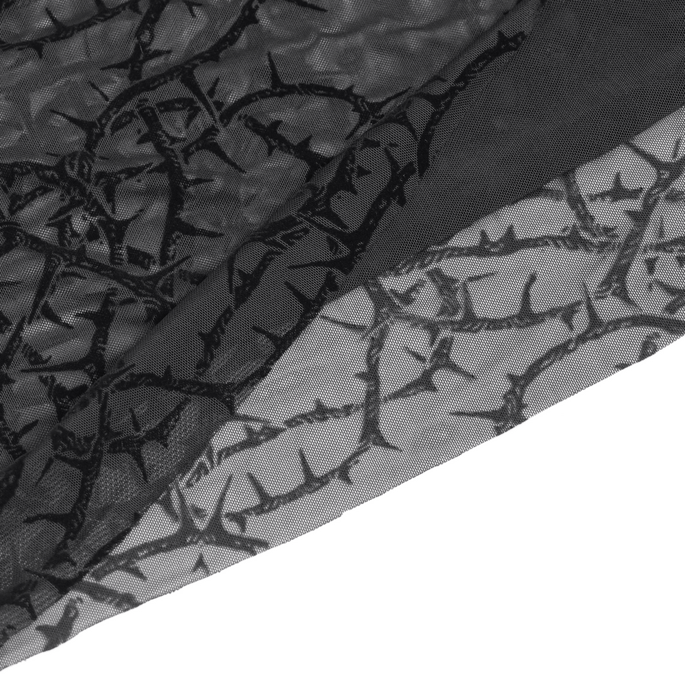 Alternative Sheer Mock Neck Top with Barbed Vine Pattern fabric detail in black sheer with thorny design.