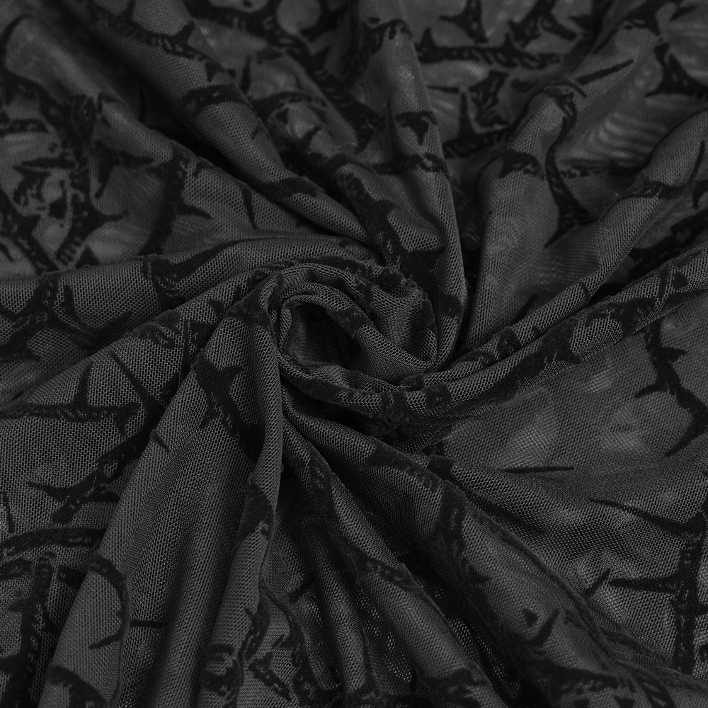 Alternative Sheer Mock Neck Top with Barbed Vine Pattern fabric close-up showcasing intricate design.