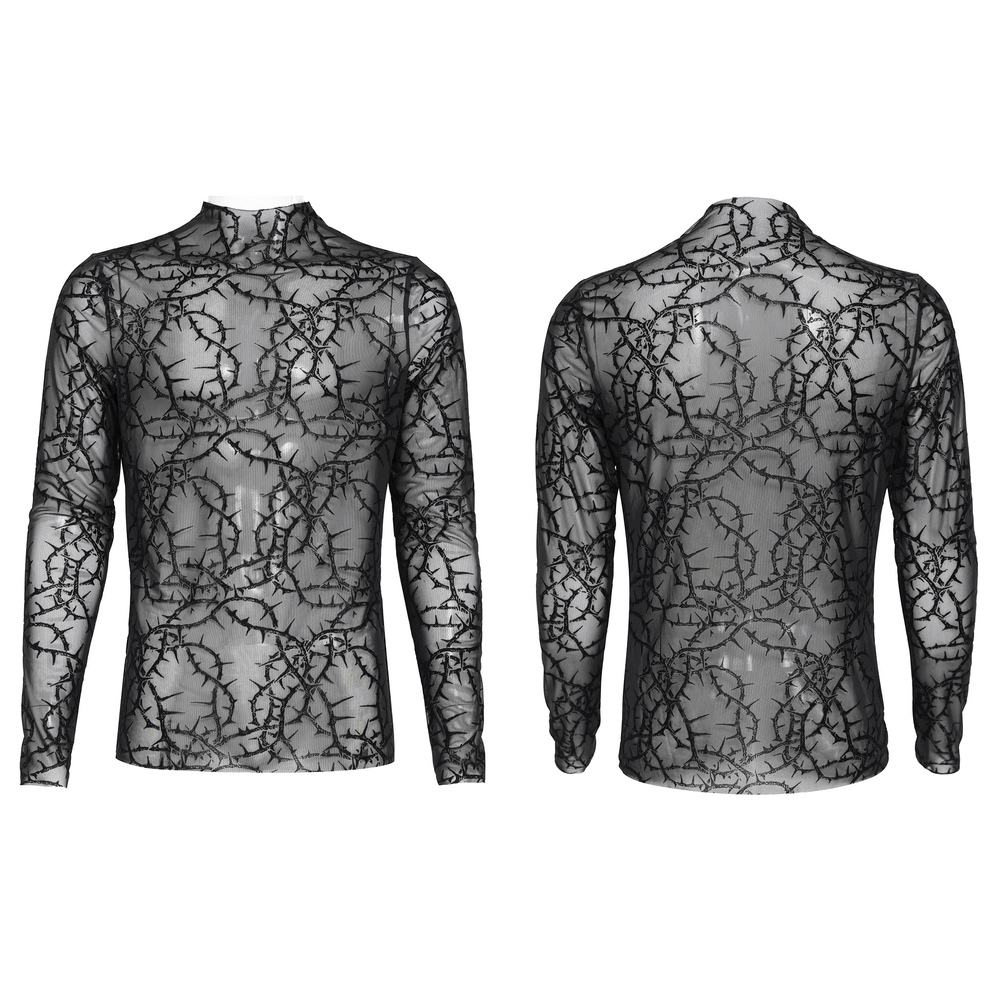 Alternative Sheer Mock Neck Top with Barbed Vine Pattern in black showing front and back view.