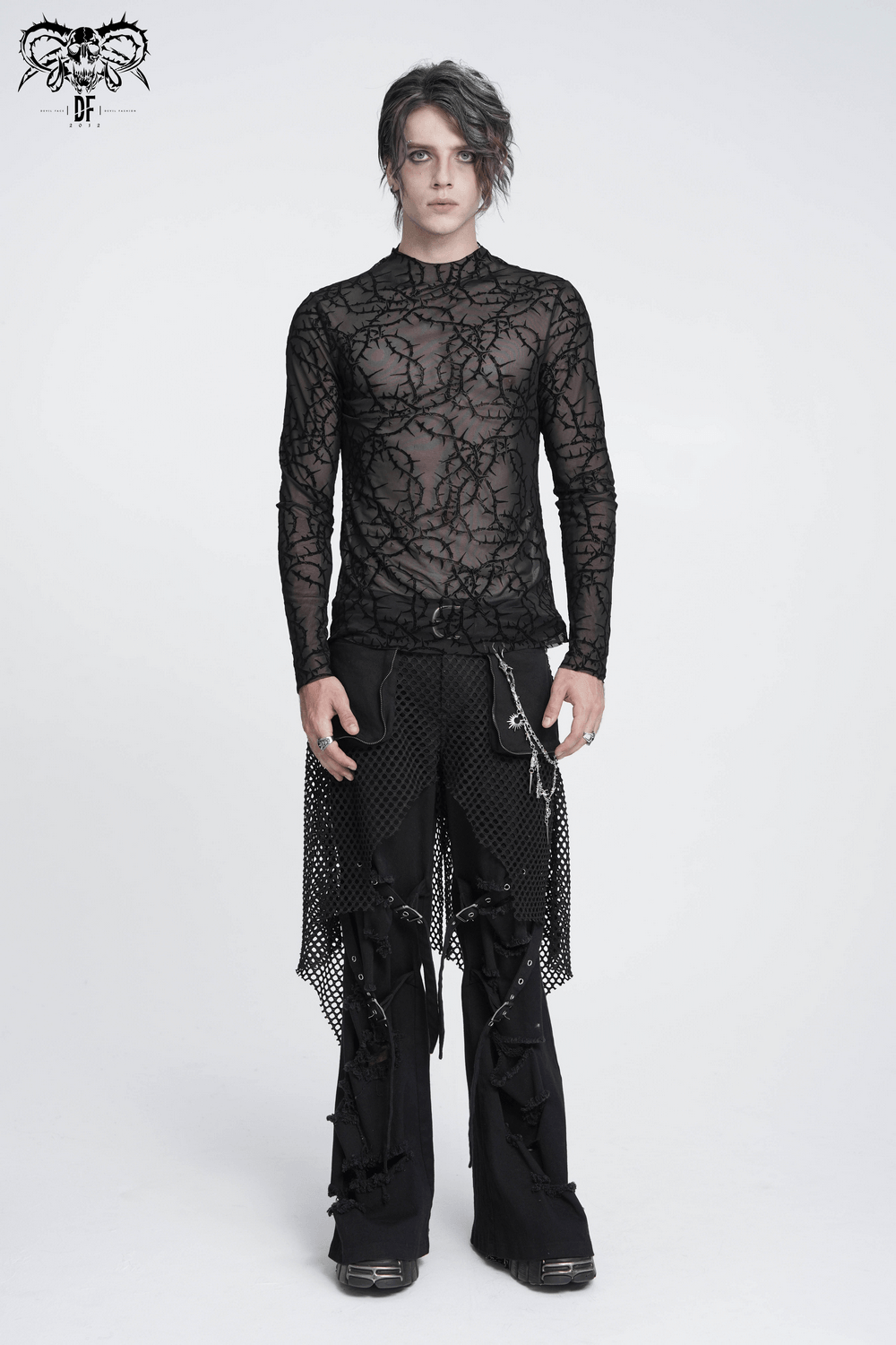Alternative Sheer Mock Neck Top with Barbed Vine Pattern worn by a model in edgy punk fashion.