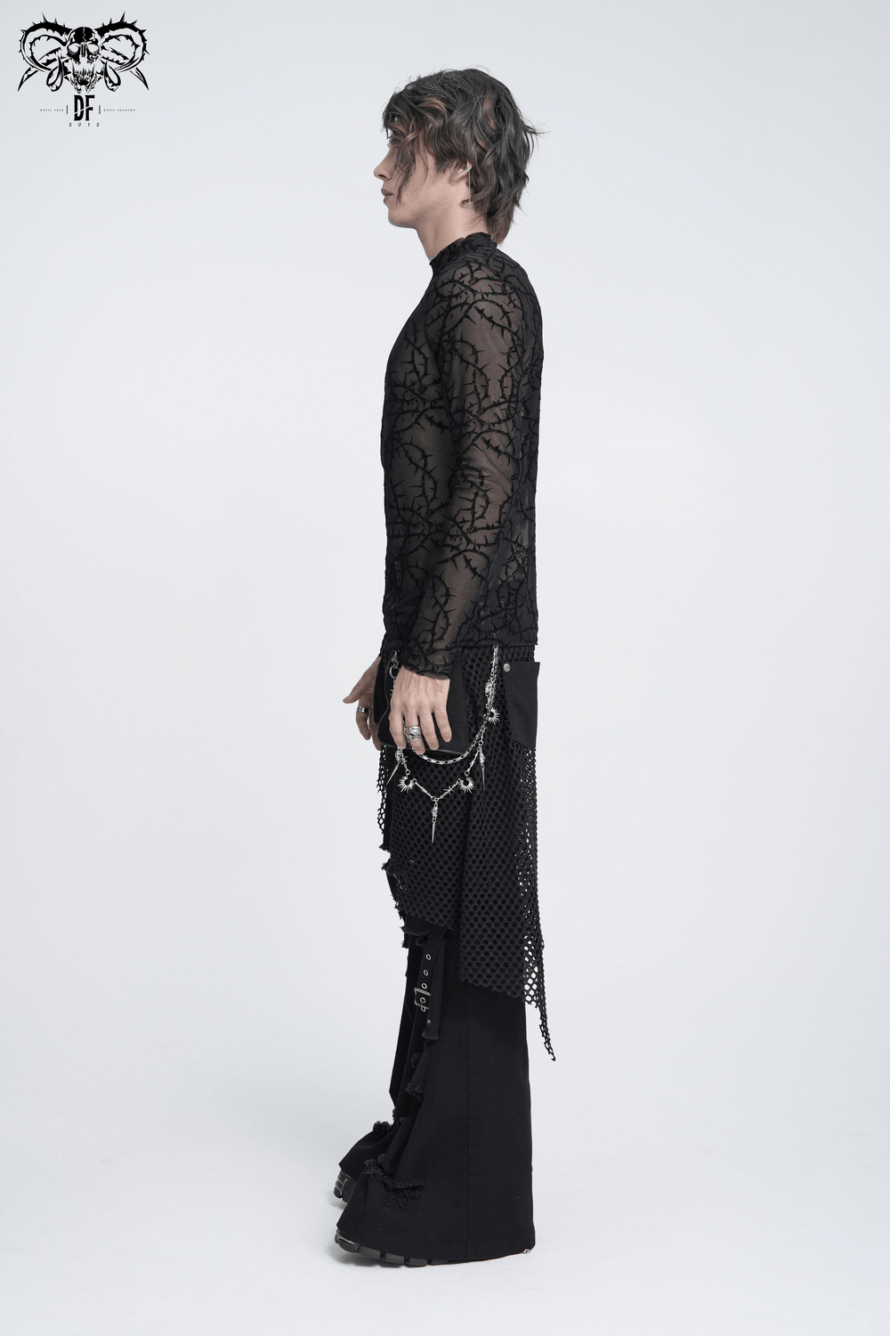 Alternative Sheer Mock Neck Top with Barbed Vine Pattern showcased on a model in profile against a clean backdrop.