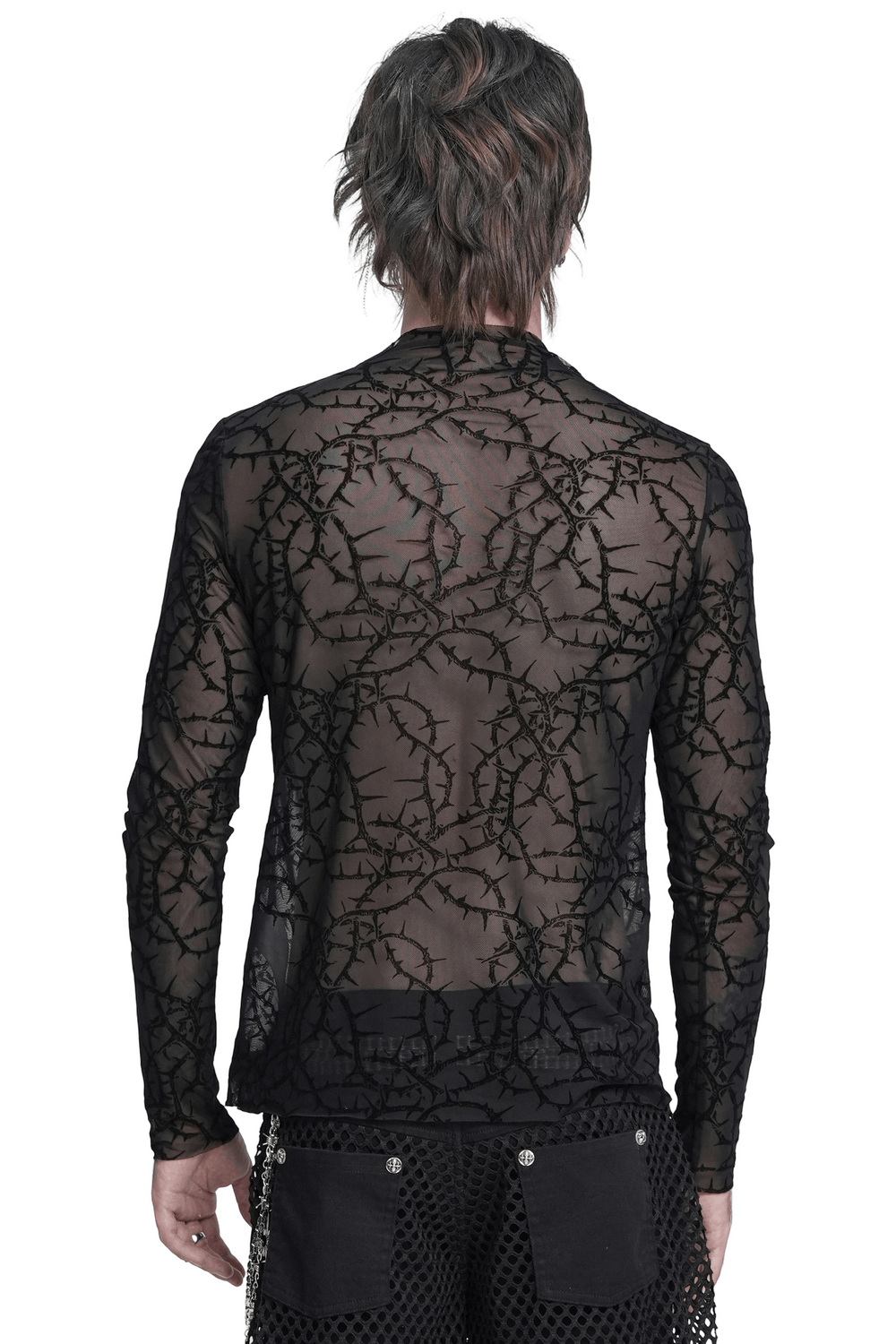 A stylish view of the back of an Alternative Sheer Mock Neck Top with Barbed Vine Pattern, showcasing its unique design.