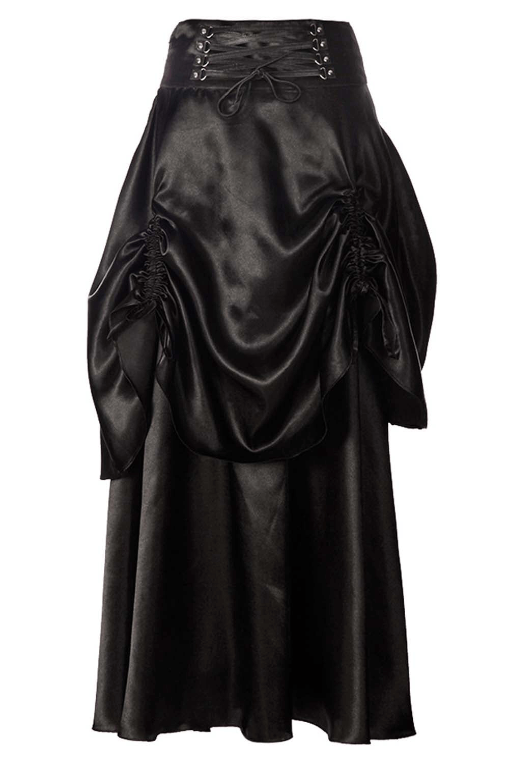 Alt Tag: Alternative Skirt with Bustle Draping and Waist Buckles black maxi gothic skirt with ruched draping and buckle waist