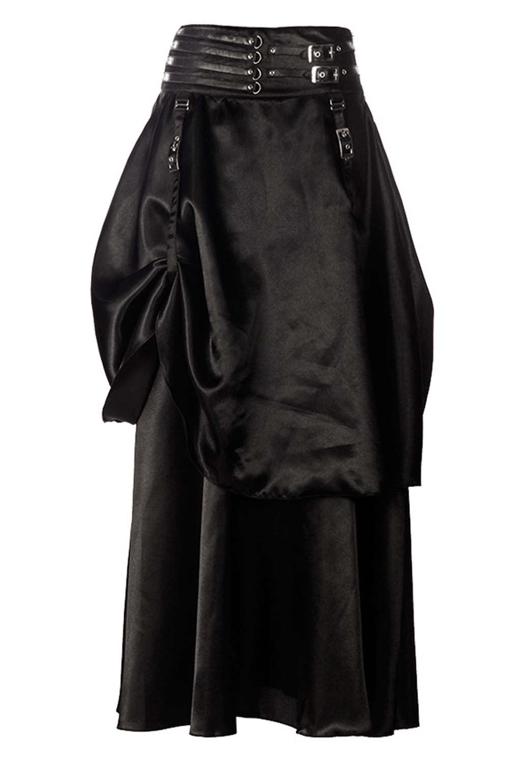 Alt Tag: Alternative Skirt with Bustle Draping and Waist Buckles black gothic maxi skirt with ruched drape, buckle waist, layered folds