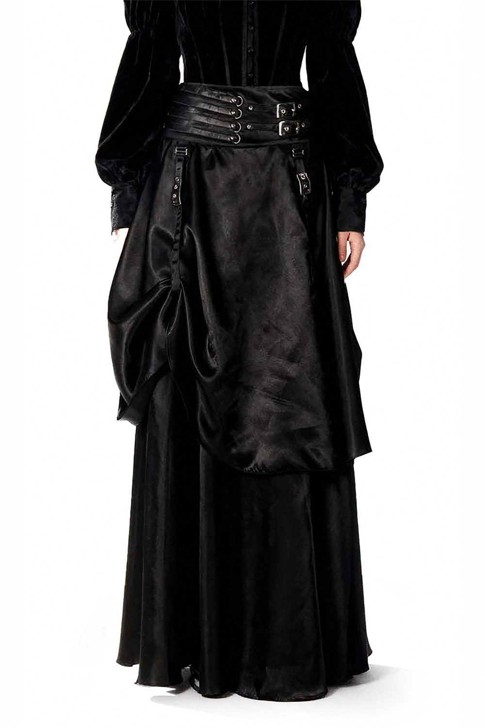 Alt Tag: Alternative Skirt with Bustle Draping and Waist Buckles black gothic maxi skirt with ruched drape, buckle waist, layered folds
