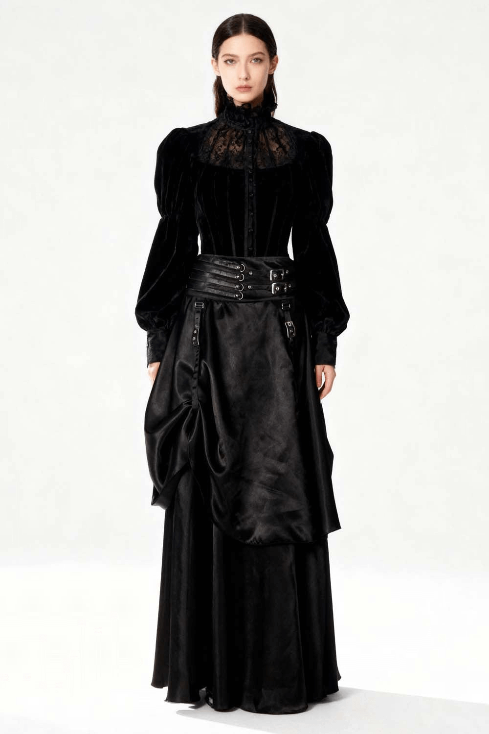 Alt Tag: Alternative Skirt with Bustle Draping and Waist Buckles black gothic maxi skirt with ruched drape and buckle waistband