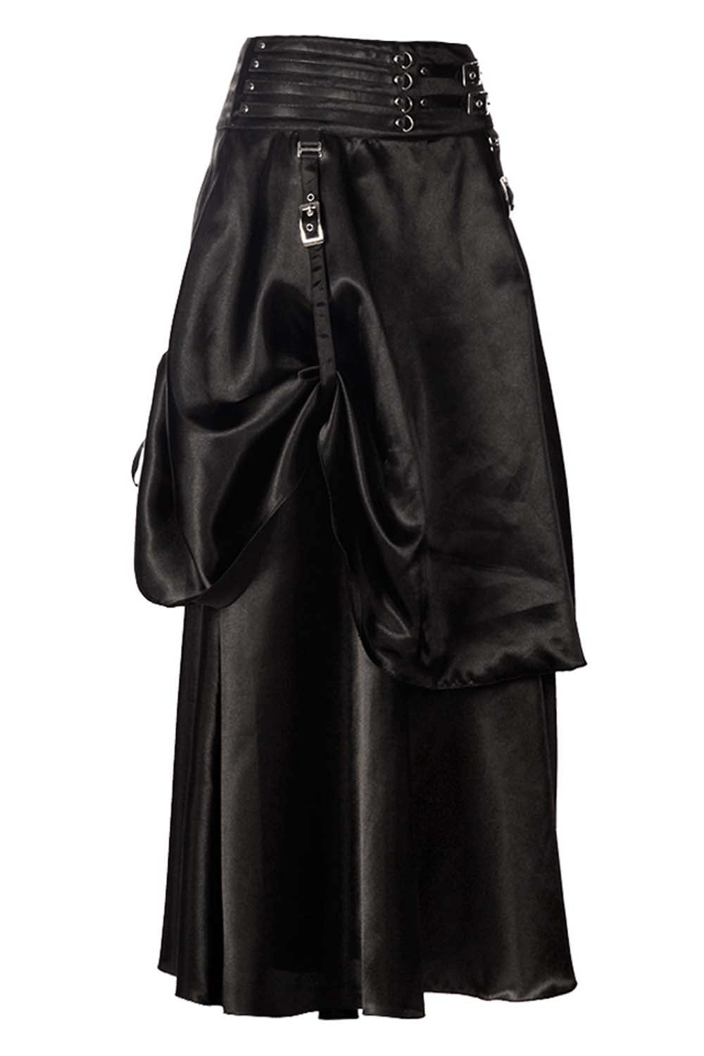 Alt Tag: Alternative Skirt with Bustle Draping and Waist Buckles black gothic maxi skirt with ruched drape, buckle waist, layered folds