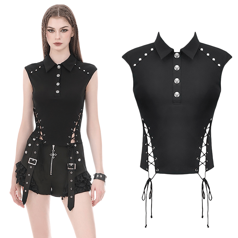 Alternative Sleeveless Collared Top With Side Lace-Up Detail