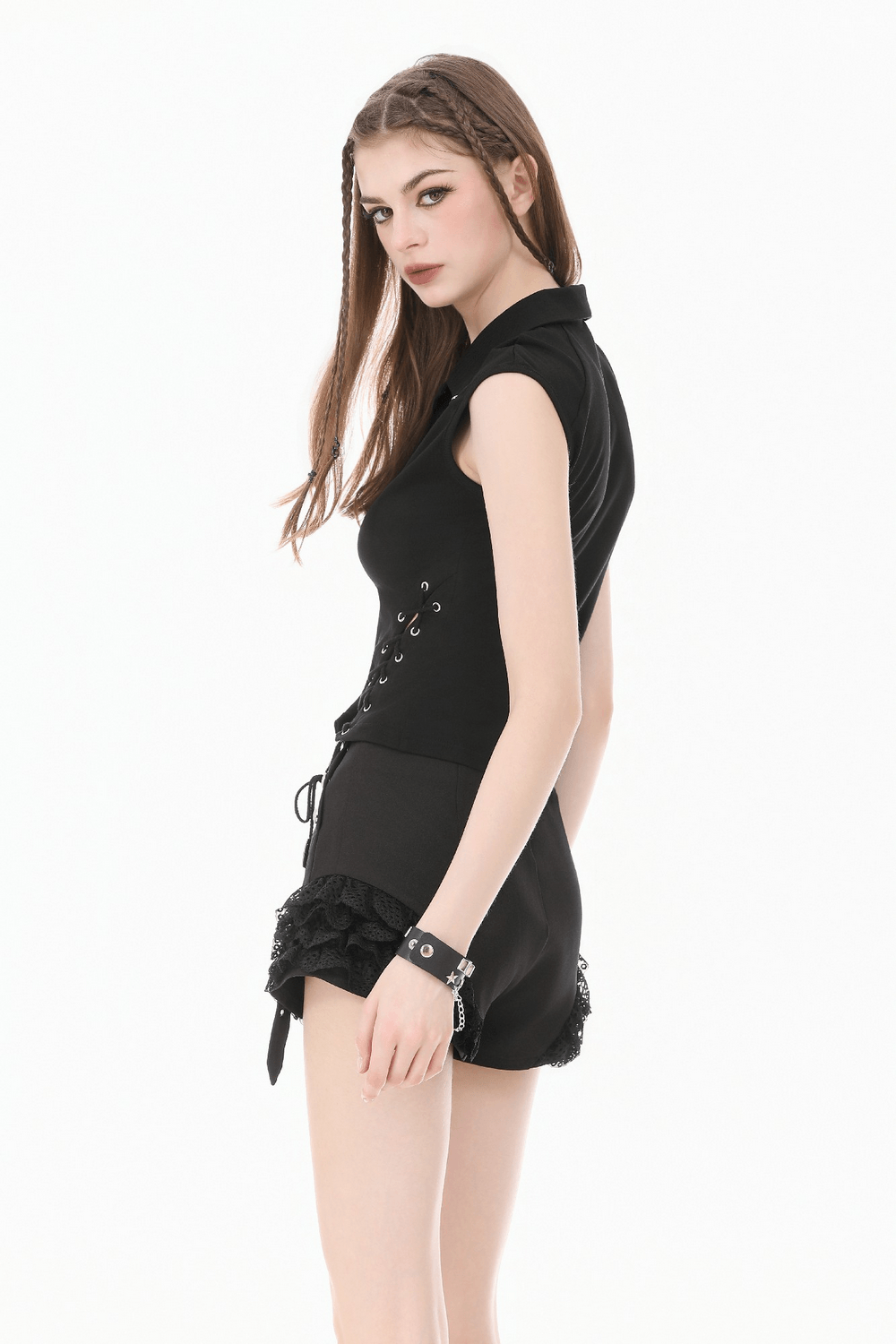 Alternative Sleeveless Collared Top With Side Lace-Up Detail